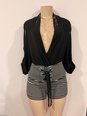Guess Black and White Striped Lace-Up Shorts Y2K